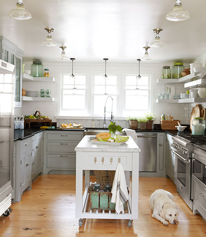 Kitchen Design with Greige Cabinets and stove on the right wall