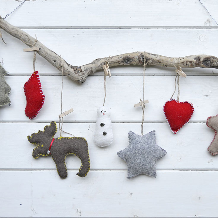 Upcycled sweater ornaments.