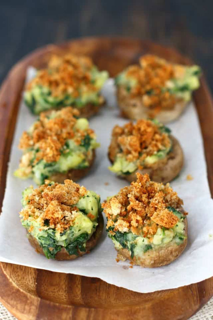 These vegan stuffed mushrooms are filled with potatoes and spinach and topped with crunchy, buttery breadcrumbs. 