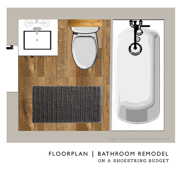 Modern, rustic bathroom remodel on a budget floorplan.