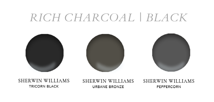 Moody, Rich Charcoal and Black paint colors by Sherwin Williams and Benjamin Moore.