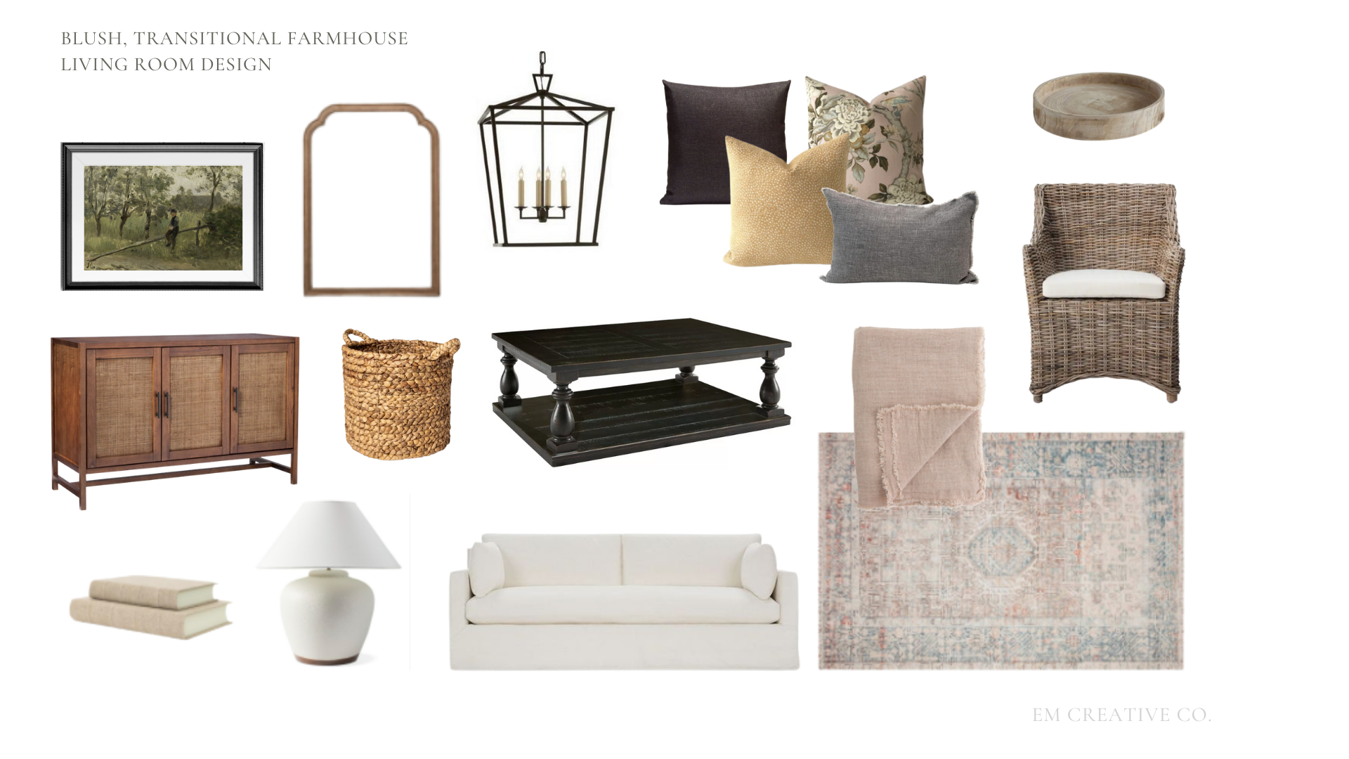 Farmhouse Living Room Design Moodboard with a Wrought Iron Lantern Modern White Sofa and Traditional Vintage Style rug with Vintage Landscape art by Virtual Interior Design Company EM Creative Co
