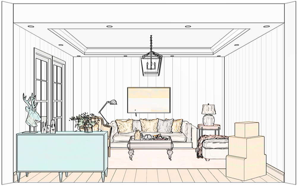 Blush-Farmhouse-Living-Room-Design-Rendering-with-Shiplap-Walls-White-Sofa-Traditional-RugEM-Creative-Co