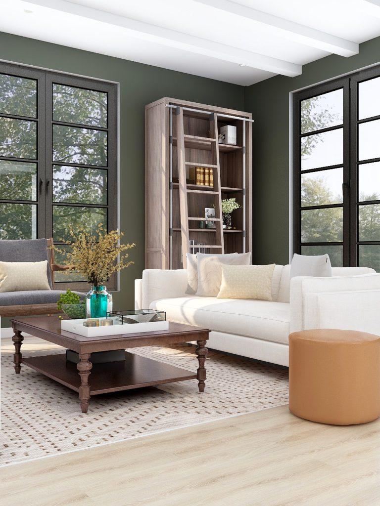 Soothing Dark Green Living Room decorated in transitional style with white sofas and wood furniture