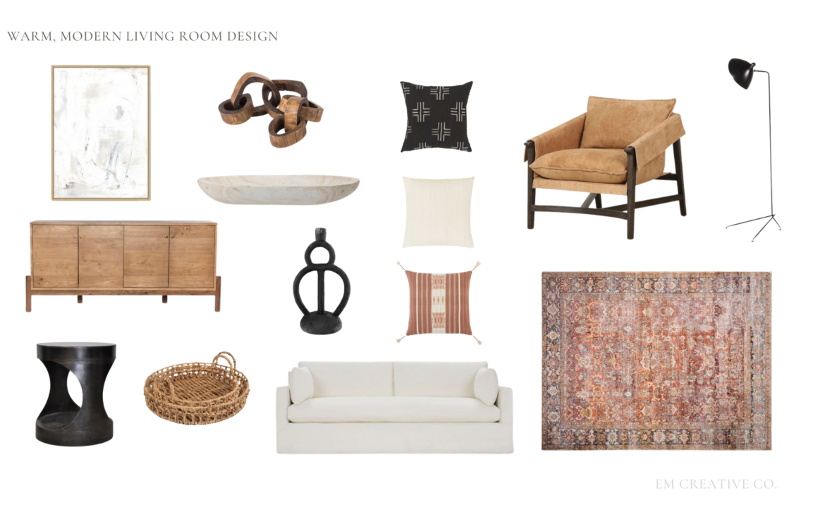 Warm, modern Living room design that is 100% Shoppable – EM Creative Co