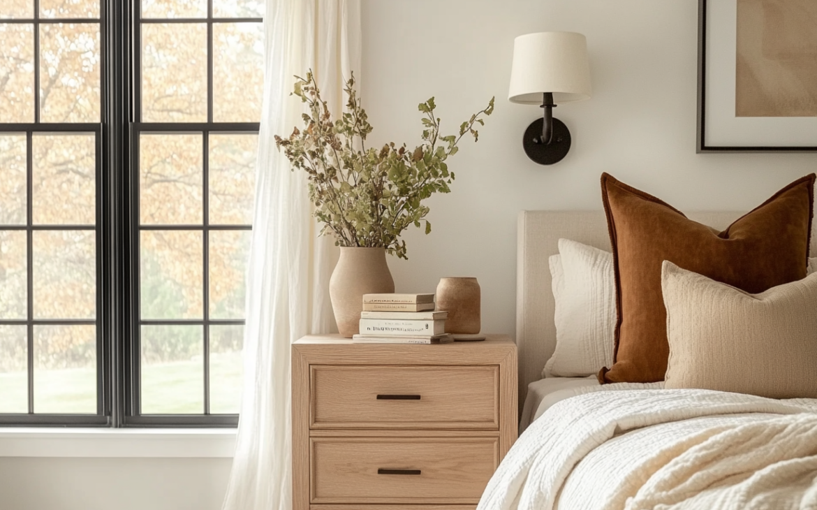 Warm, inviting bedroom featuring Benjamin Moore Swiss Coffee. Read our full Benjamin Moore Swiss Coffee review to see if it's right for your space.