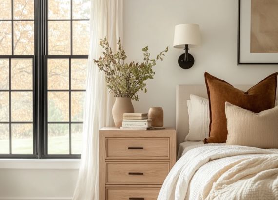 Warm, inviting bedroom featuring Benjamin Moore Swiss Coffee. Read our full Benjamin Moore Swiss Coffee review to see if it's right for your space.