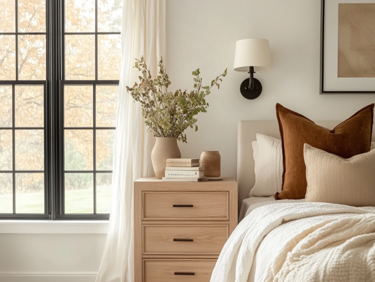 Warm, inviting bedroom featuring Benjamin Moore Swiss Coffee. Read our full Benjamin Moore Swiss Coffee review to see if it's right for your space.