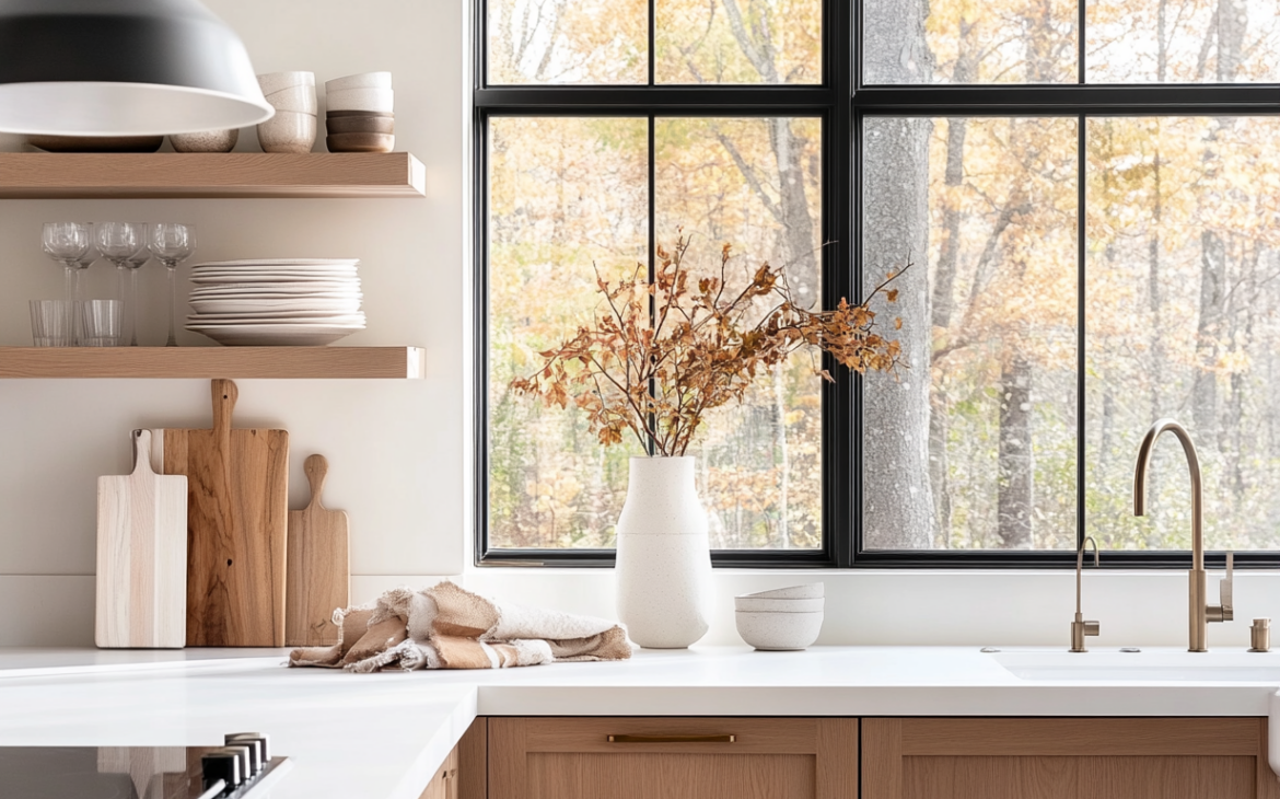 Modern farmhouse kitchen with warm wood cabinetry, open shelving, and a large black-framed window overlooking a serene autumn landscape. The space is styled with white quartz countertops, brass fixtures, and a sleek farmhouse sink. A minimalist arrangement of ceramic dishware, wooden cutting boards, and a neutral vase with dried foliage adds organic texture. A black pendant light contrasts beautifully with the soft, neutral tones, creating a cozy yet sophisticated aesthetic.