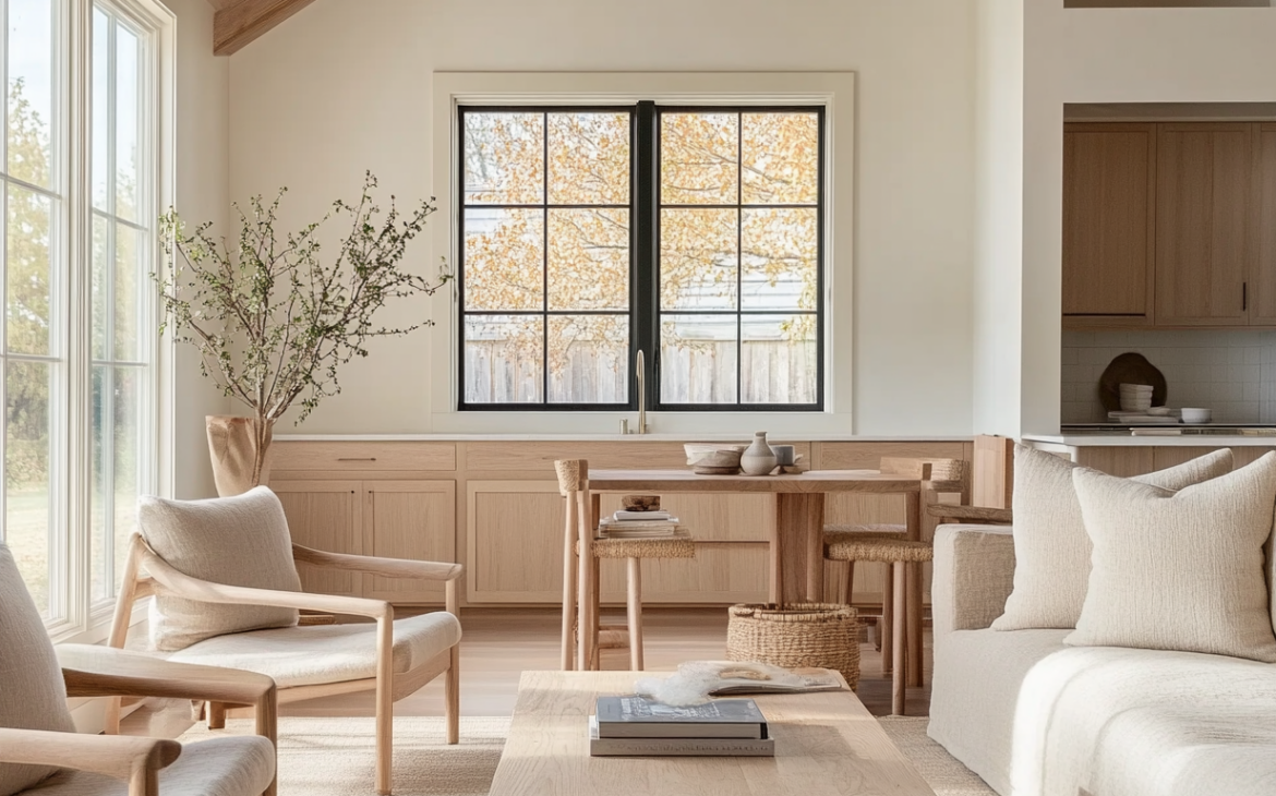 Bright and airy living room featuring a neutral color palette with Benjamin Moore Swiss Coffee OC-45 walls. The space blends modern farmhouse and Scandinavian design, with natural wood furniture, plush ivory upholstery, and black window trim framing a serene autumn view. A cozy seating area with armchairs and a linen sofa is complemented by a wooden coffee table, woven textures, and a built-in dining nook with minimalist ceramic decor. The room exudes warmth, elegance, and effortless functionality.