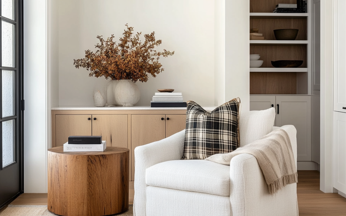 Warm and inviting living space featuring walls painted in Benjamin Moore Swiss Coffee OC-45, a soft off-white that enhances the cozy yet sophisticated ambiance. A plush white accent chair with a neutral throw and a black plaid pillow sits beside a round wood side table styled with stacked books. Built-in cabinetry and open shelving in light oak add storage and depth, while a large ceramic vase with dried foliage brings warmth and texture. The black-framed door allows natural light to highlight the room’s neutral color palette and layered textures.