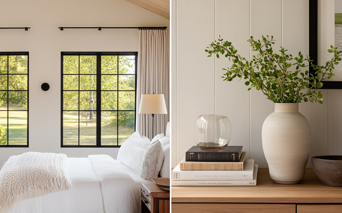 Modern farmhouse bedroom with a soft, neutral color palette, featuring black-framed windows that bring in natural light and showcase a lush outdoor view. The space is styled with a cozy white bed layered with textured linens, a wooden nightstand, and warm, organic decor. A close-up detail highlights a minimalist vignette with a ceramic vase filled with fresh greenery, stacked books, and a glass accent, all arranged on a natural wood dresser. The design blends Scandinavian simplicity with rustic elegance for a calming, inviting retreat.