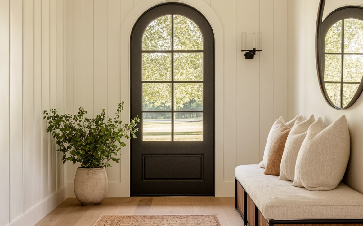 Bright and welcoming entryway featuring walls painted in Benjamin Moore Swiss Coffee OC-45, a soft, warm white that enhances the natural light. The space is styled with vertical shiplap paneling, a black arched front door with glass panes, and a cozy built-in bench with neutral and rust-toned accent pillows. A textured jute rug and a large ceramic vase with greenery add warmth, while a round mirror reflects light, creating an inviting and timeless first impression.