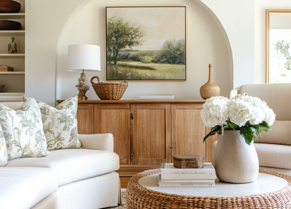 A bright and airy living room with a warm wood sideboard, arched alcove, and neutral decor. A soft cream sofa with floral-patterned pillows sits beside a woven coffee table styled with stacked books and a ceramic vase filled with white hydrangeas. A framed landscape painting hangs above the console, creating a fresh, spring-inspired look with natural textures and earthy tones.
