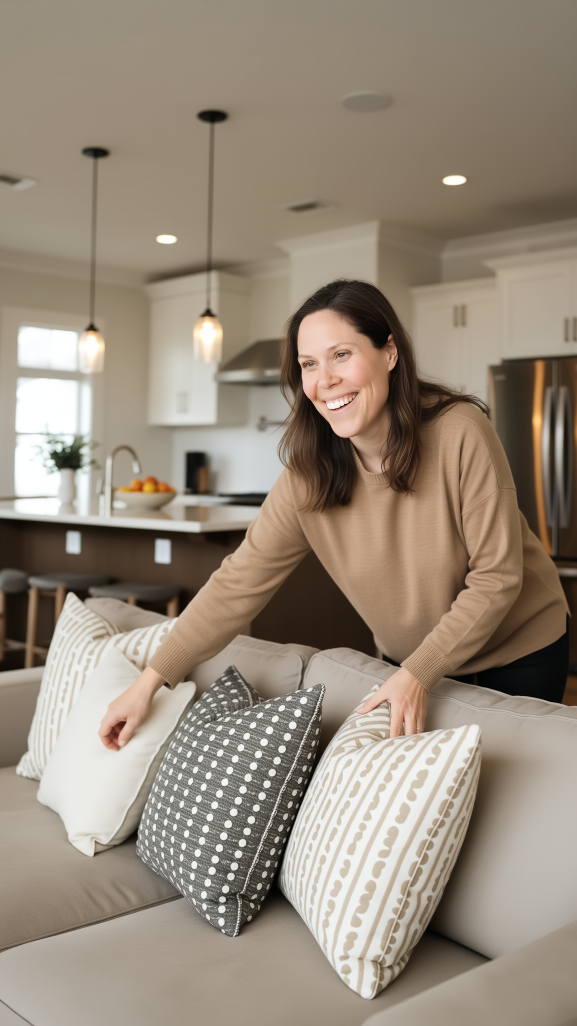 Elizabeth Morton styling cushions on a sofa