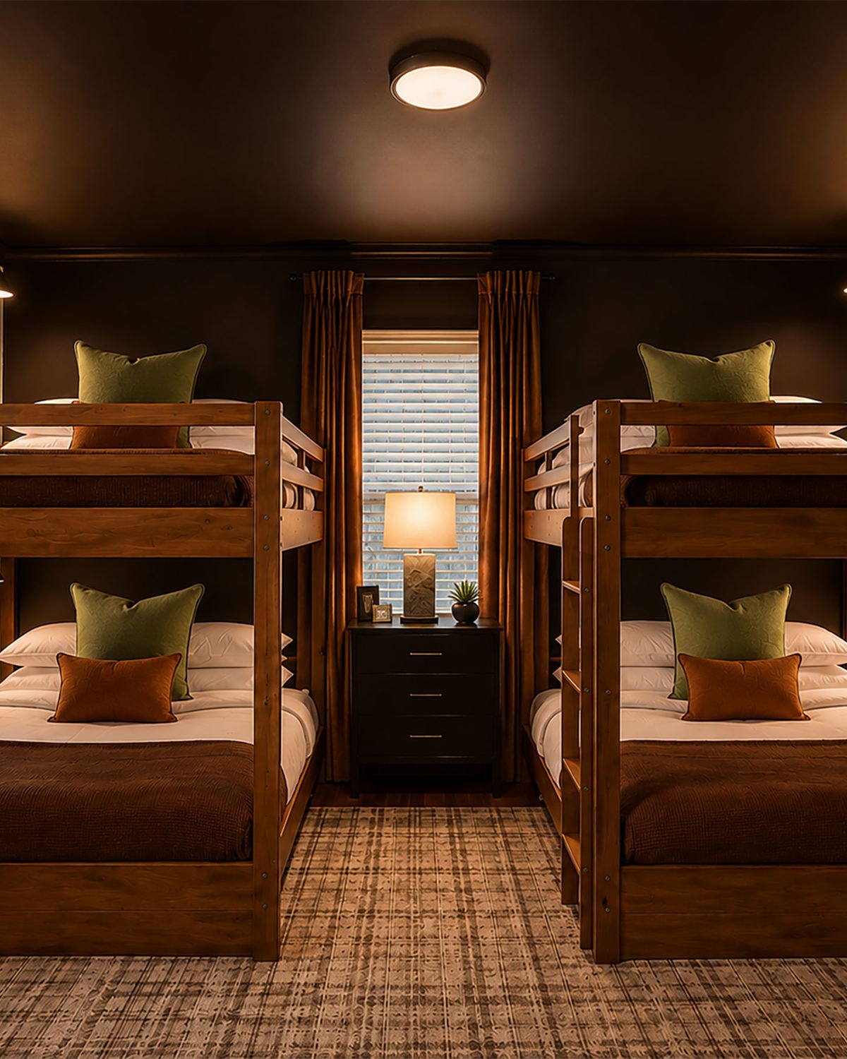 Bunk room with two double bunks, dark ceiling and reading lights