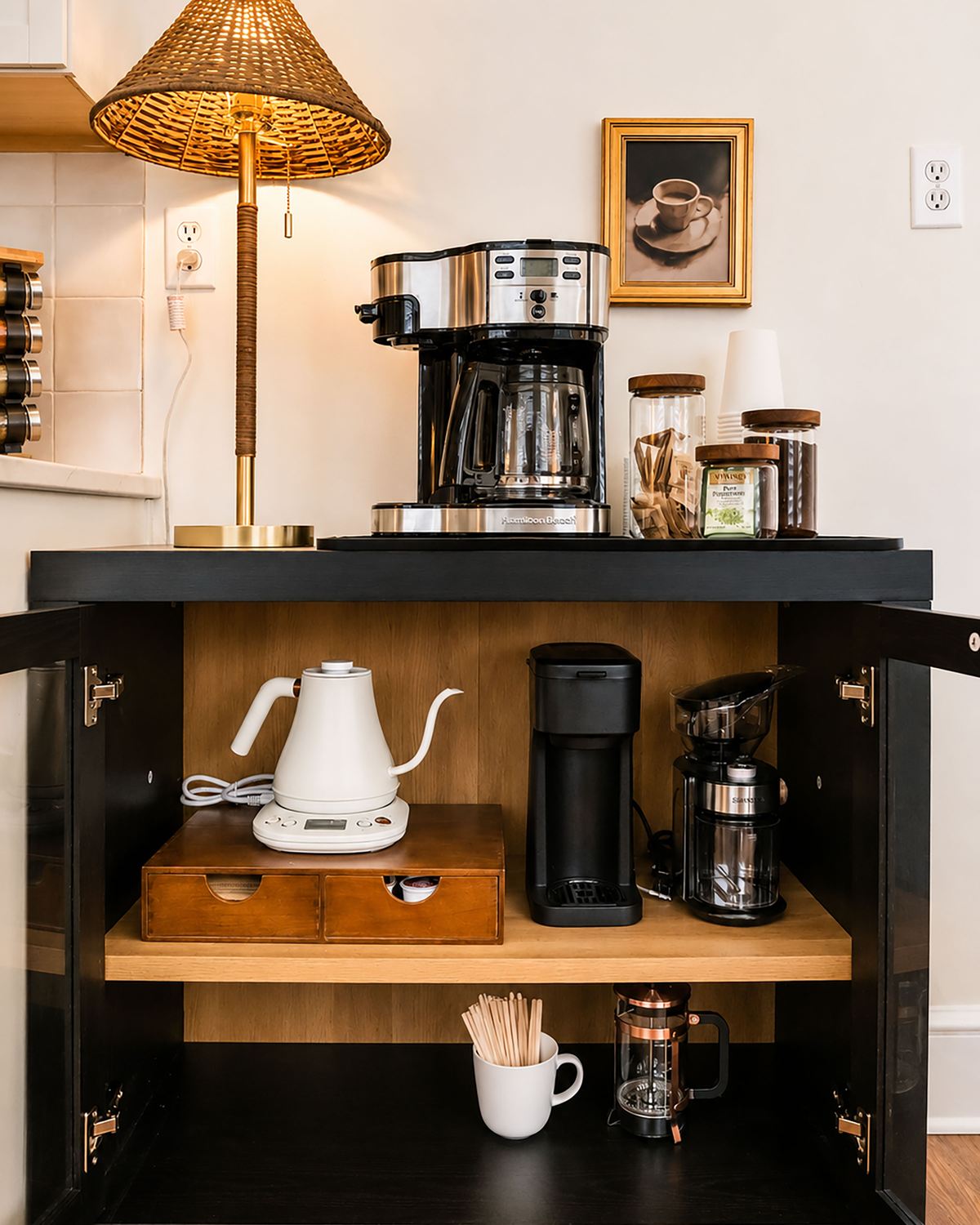 Coffee bar with kettle, drip machine, grinder and rattan pendant lamp