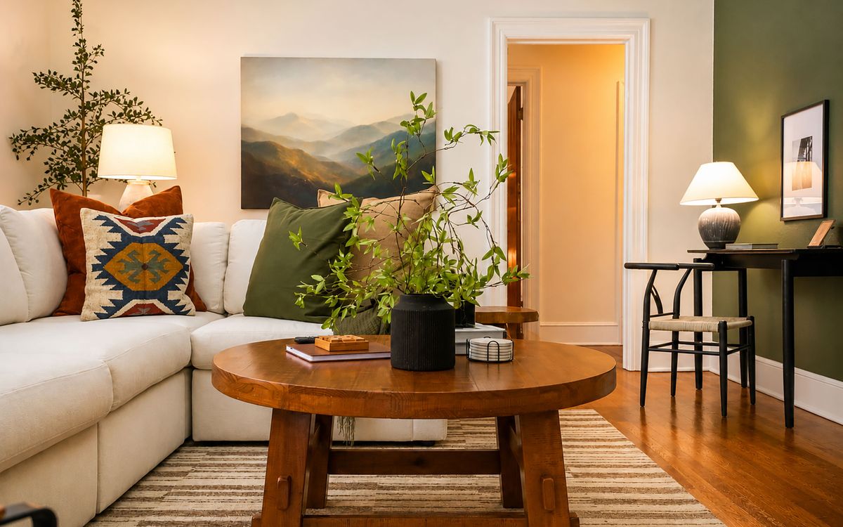 Sectional, round wood coffee table and framed landscape art in the Maple & Main living room