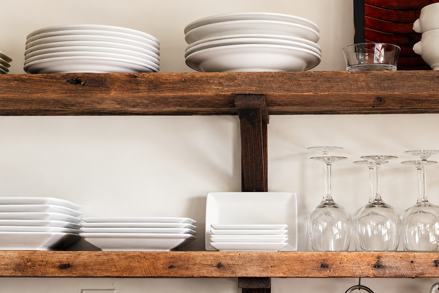 Downtown Bungalow kitchen open shelving, 2018