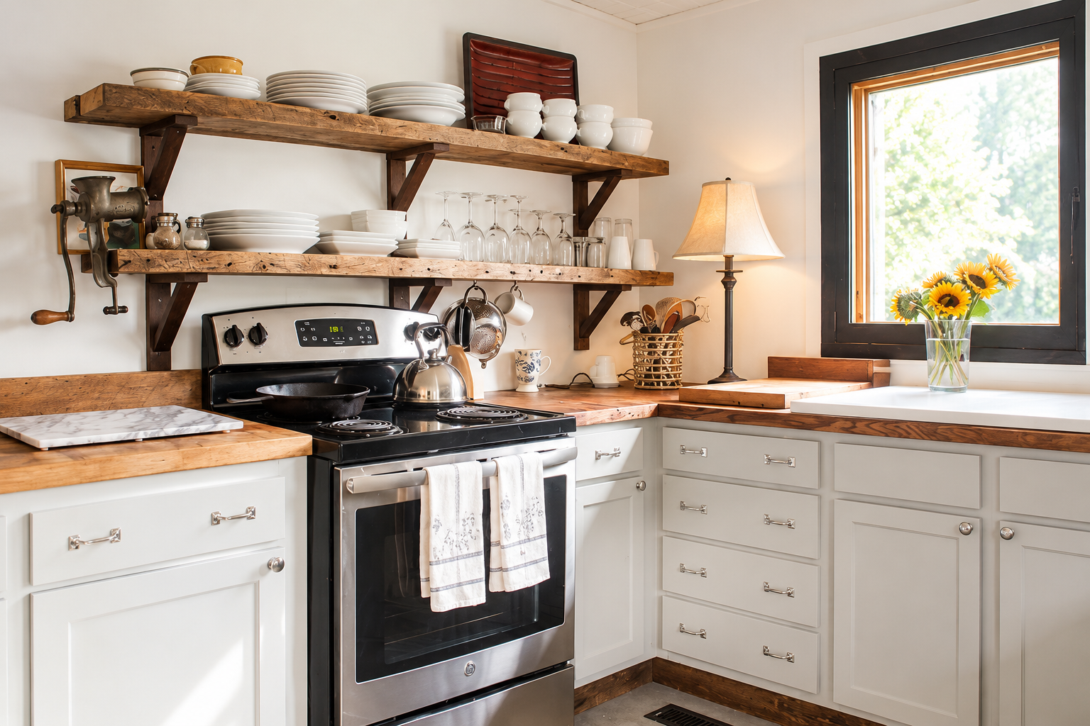 Downtown Bungalow kitchen with open shelving and white cabinets, 2018