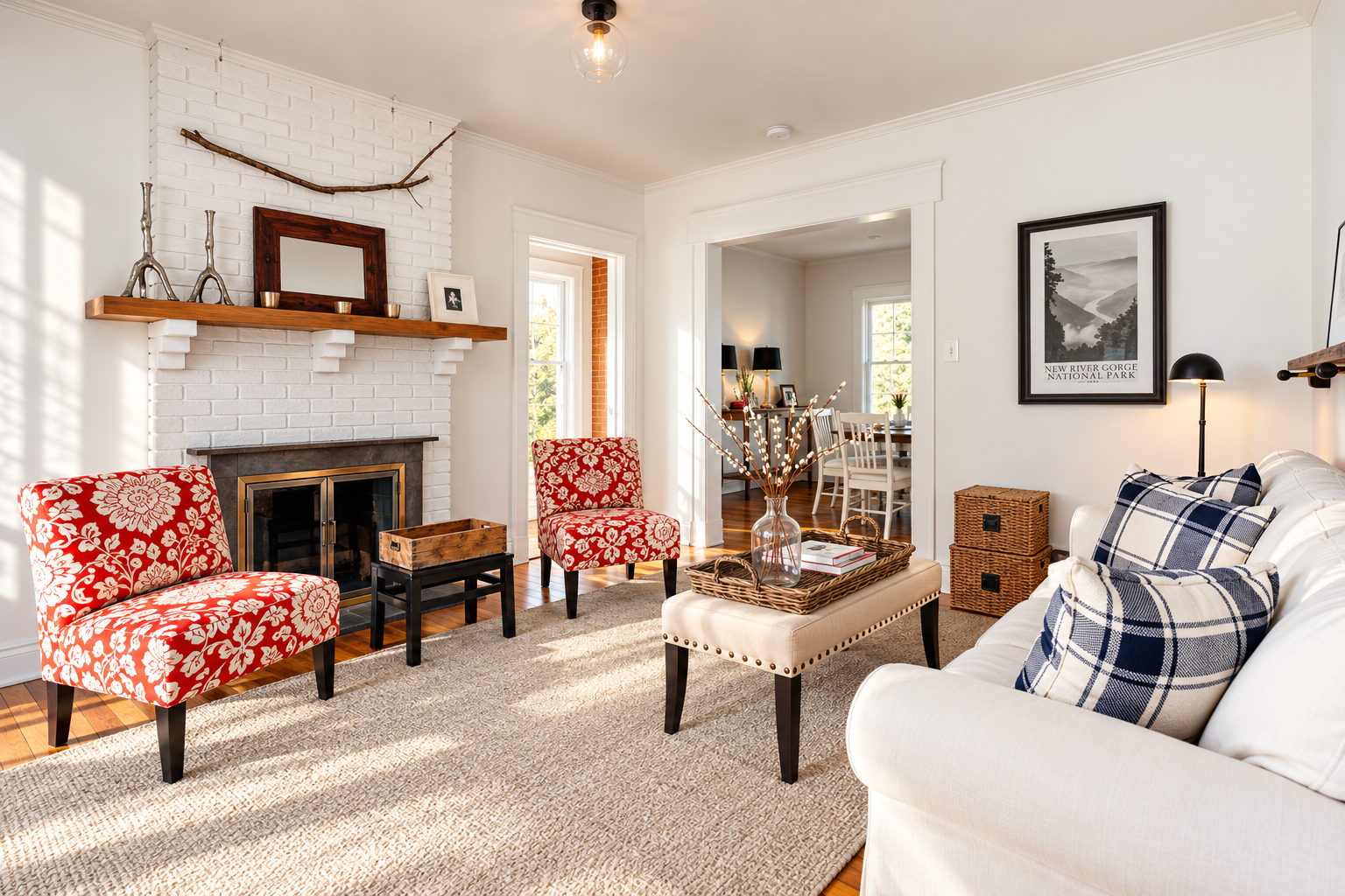 Downtown Bungalow living room with painted brick fireplace, 2018