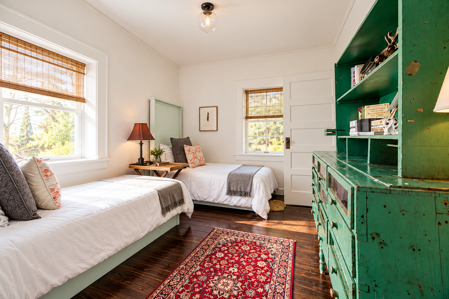 Downtown Bungalow guest bedroom with twin beds, 2018