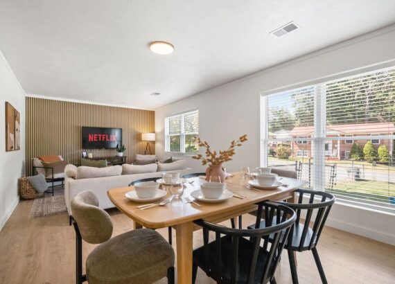 Gorge Getaway living and dining room today, after the Woodbridge renovation